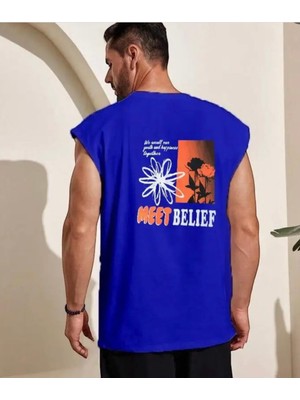 Amor Man Büyük Beden Özel Tasarım Meet Belief Sırt Baskılı %100 Pamuk Kolsuz Erkek T-Shirt
