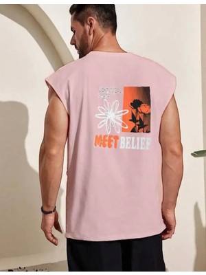 Amor Man Büyük Beden Özel Tasarım Meet Belief Sırt Baskılı %100 Pamuk Kolsuz Erkek T-Shirt