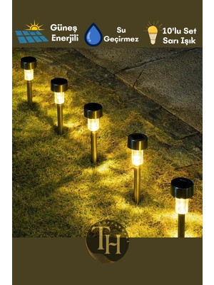 Toptanhane 10'lu Güneş Enerjili LED Bahçe Yolu Lambası Solar Aydınlatma Su Geçirmez Sarı Işık Paslanmaz Çelik