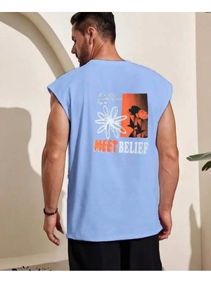 Amor Man Büyük Beden Özel Tasarım Meet Belief Sırt Baskılı %100 Pamuk Kolsuz Erkek T-Shirt