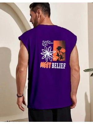 Amor Man Büyük Beden Özel Tasarım Meet Belief Sırt Baskılı %100 Pamuk Kolsuz Erkek T-Shirt