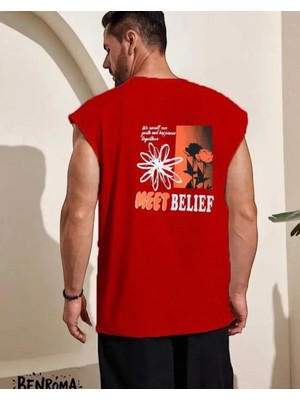 Amor Man Büyük Beden Özel Tasarım Meet Belief Sırt Baskılı %100 Pamuk Kolsuz Erkek T-Shirt