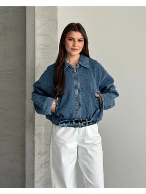 Vess Moda Kemer Detaylı Oversize Jean Kot Ceket