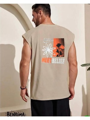 Amor Man Büyük Beden Özel Tasarım Meet Belief Sırt Baskılı %100 Pamuk Kolsuz Erkek T-Shirt