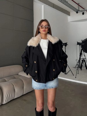 Vess Moda Marka Model Yakası Çıkarılabilir Kürklü Trençkot Ceket
