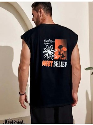 Amor Man Büyük Beden Özel Tasarım Meet Belief Sırt Baskılı %100 Pamuk Kolsuz Erkek T-Shirt