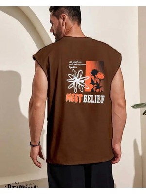 Amor Man Büyük Beden Özel Tasarım Meet Belief Sırt Baskılı %100 Pamuk Kolsuz Erkek T-Shirt