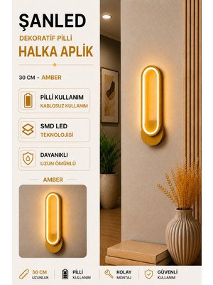 ŞANLED Dekoratif 20W Halka Modeli Iç Mekan Gold Kasa Amber Işık 30 cm Duvar Aplik Pilli