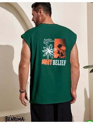 Amor Man Büyük Beden Özel Tasarım Meet Belief Sırt Baskılı %100 Pamuk Kolsuz Erkek T-Shirt