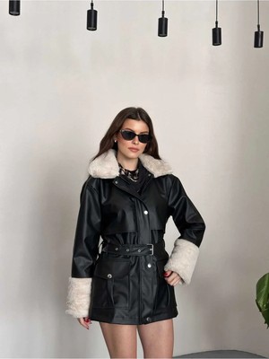 Vess Moda Yakası ve Manşeti Kürk Detaylı Uzun Deri Ceket