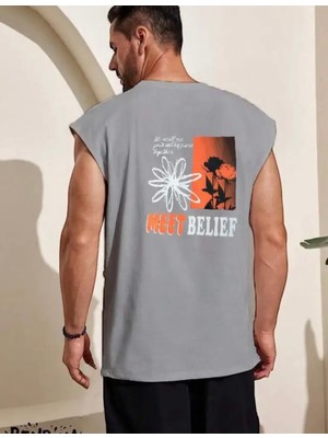 Amor Man Büyük Beden Özel Tasarım Meet Belief Sırt Baskılı %100 Pamuk Kolsuz Erkek T-Shirt