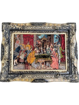 Hasyılmaz Fransız Aile Toplantısı Temalı Iran Tebriz Halı Tablo 95X76 cm - Duvar Halı Kilim Tablo