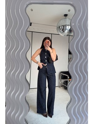 Özge Özgenç Kontrast Dikişli Boydan Dantelli Premium Jean