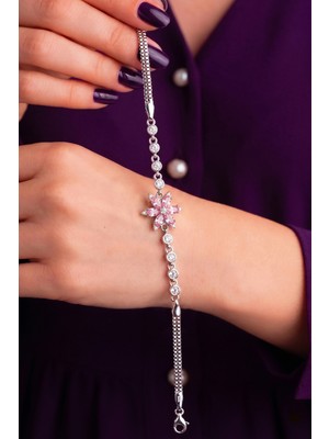 Silvera Telkari 925 Ayar Gümüş Rodyumlu Pembe Kuvars Taşlı Lotus Çiçeği Bileklik ST434