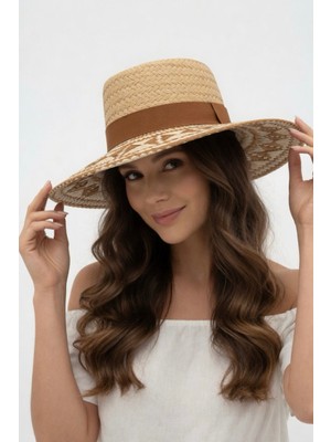 Mollycrush Kadın Luxury  Camel Etnik Geometrik Desen Hasır  Şapka | Plaj ve Günlük Kullanıma Uygun Model