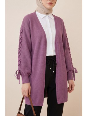 Moda Morfo Kolu Saç Örgülü Salaş Triko Hırka -Mürdüm