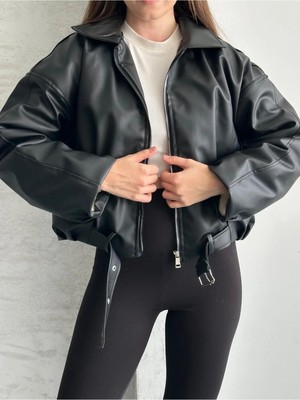 Vess Moda Içi Peluş Detaylı Kemerli Deri Ceket Içi Siyah Kürk