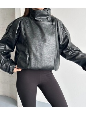 Vess Moda Zr Viral Oversize Urban Style Yüksek Yaka Kadın Deri Ceket