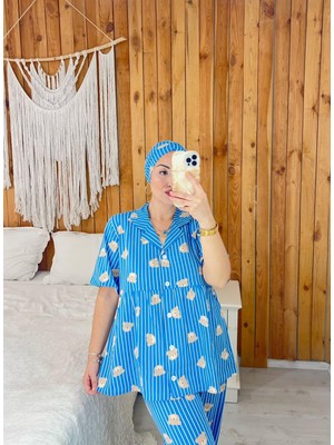 By Gamze Arman Tesettür Boneli Mavi Ayıcık Desenli Kısa Kol Geniş Kalıp Hamile Lohusa Pijama Takımı