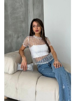 Topshow Krem Pullu Tül Toptan Tişört