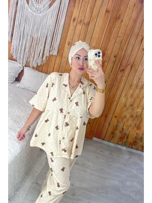 By Gamze Arman Tesettür Boneli Ayıcık Desenli Kısa Kol Geniş Kalıp Hamile Lohusa Pijama Takımı