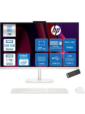 Hp Omnistudio 27-CU0009NT Intel Core 5 210H Up 4,8ghz 128GB Ddr5 1tb SSD 27" Fhd (1920X1080) IPS 350 Nit %100 Srgb Wled Freedos Beyaz Allınone Bilgisayar D62C1EAF38+ZETTAUSBBELLEK