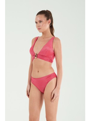 Louren Kadın Kırmızı Simli Desenli Aksesuar Detaylı Ince Kaplı Geniş Üçgen Bikini Takımı