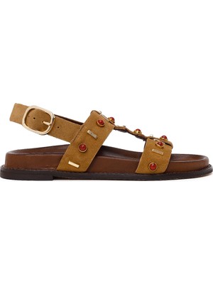 Derimod Kadın Taba Taşlı Süet Deri Sandalet 26SFD550110