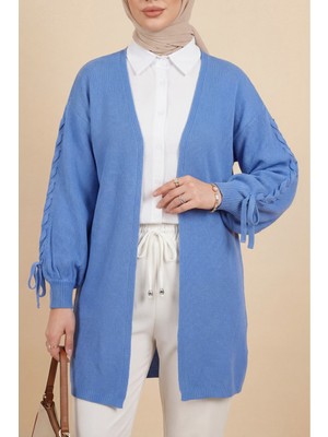 Moda Morfo Kolu Saç Örgülü Salaş Triko Hırka -Mavi