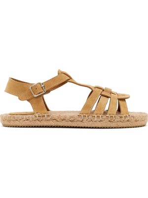 Derimod Kadın Camel Bilekten Tokalı Süet Deri Espadril Sandalet 26SFD206510