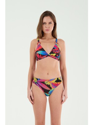 Louren Kadın Fuşya Çiçek Desenli Halka Detaylı Çıkabilir Ince Kaplı Toparlayıcı Üçgen Bikini Takımı