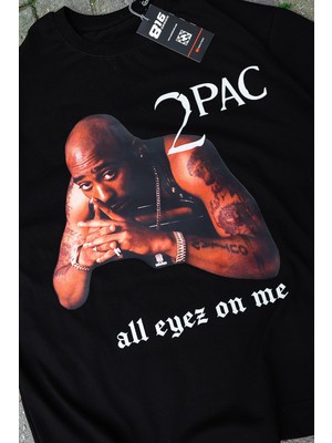 Sekizbiraltı 2pac Baskılı Oversize Unisex Siyah Tshirt