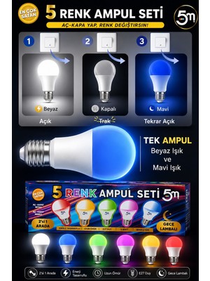 BarkoFix 5 Adet Çocuk Odası Gece Lambası Akıllı Gece Lambalı LED Ampul 11W Beyaz +Renkler Tasarruflu Çift Mod