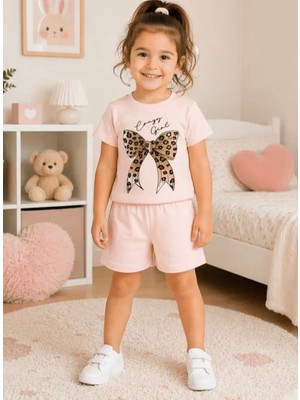Nigrum Pardus Nıgrum Pardus Yeni Sezon Leopar Kurdele Baskılı %100 Pamuk Kız Çocuk T-Shirt Şort Takım