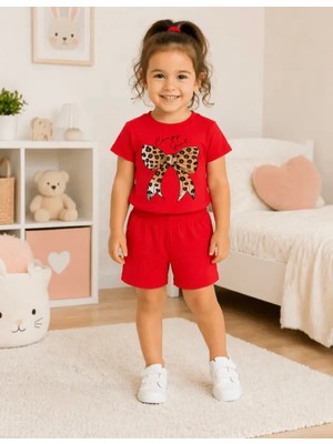 Nigrum Pardus Nıgrum Pardus Yeni Sezon Leopar Kurdele Baskılı %100 Pamuk Kız Çocuk T-Shirt Şort Takım