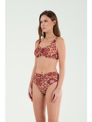 Louren Kadın Bordo Etnik Desenli Yüksek Bel, Telli Toparlayıcı Bikini Takımı