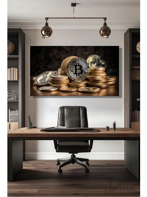 Şehzat Panoramik Yatay Tekli Kanvas Duvar Tablosu Modern Ofis 3D Bitcoin Sanal Para Altın Gümüş Finans Iş