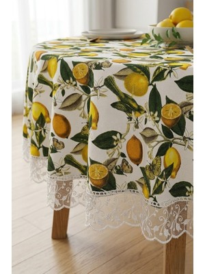 Rona Home Yuvarlak Masa Örtüsü Leke Tutmaz Silinebilir Şık Dekoratif Modern Limon Desenli Dantel Kenarlı