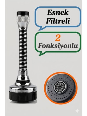 BarkoFix Esnek 2 Fonksiyonlu Metal Musluk Başlığı Filtreli Su Tasarruf Aparatı Tüm Musluklara Uyumlu 15 cm