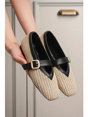 Ellolita Luxury Shoes Hola Ortopedik Taban Siyah Detaylı Hasır El Yapımı Babet