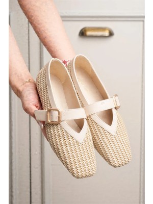 Ellolita Luxury Shoes Hola Ortopedik Taban Bej Detaylı Hasır El Yapımı Babet