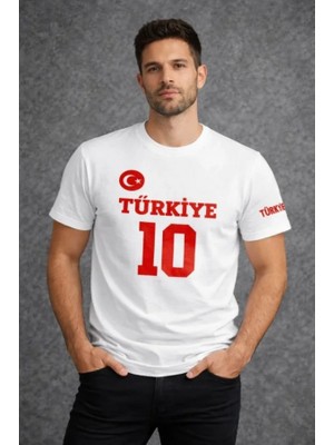 Erkek Türkiye Ay Yıldız Baskılı 10 Numara Forma Tişört Taraftar T-Shirt - Beyaz