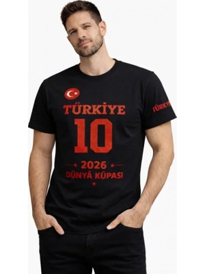 Erkek Türkiye Baskılı Tişört 2026 Dünya Kupası Taraftar Forma T-Shirt - Siyah