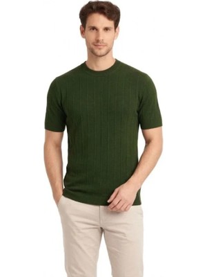 Erkek Yazlık Fitilli Triko Tişört Kısa Kol Bisiklet Yaka T-Shirt - Haki