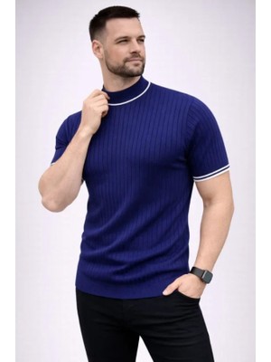 Erkek Fitilli Triko Dokuma Kısa Kol Tişört Yarım Boğaz Modern Yazlık T-Shirt - Lacivert