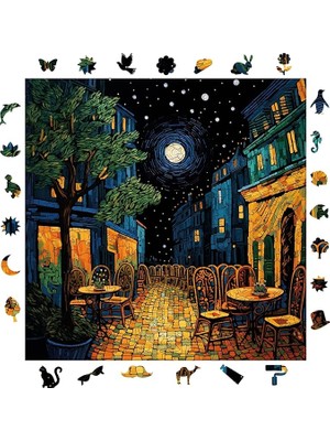 Puzzle Yetişkin - Van Gogh Kafe Terasta Gece Reprodüksiyonu - 353 Parça, 29 x 29 cm - Yapıştırıcı Folyo Dahil - Benzersiz Şekilli Parçalar & Özel Figürler - S1-32