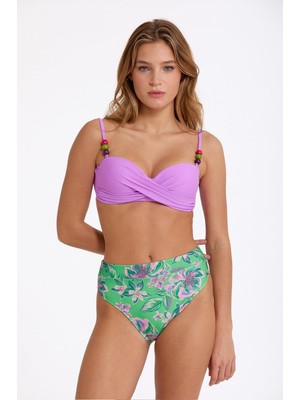 Argento 1478-3014 Yeşil Pembe Çiçekli Boncuklu Destekli Bikini Takım