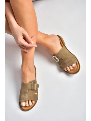 Fox Shoes Y944791002 Vizon Hakiki Deri Süet Kadın Terlik