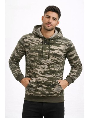 Erkek Kamuflaj Desenli 2 Iplik 4 Mevsim Kapüşonlu Kanguru Cepli Hoodie Sweatshirt - Kamuflaj