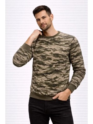 Erkek Kamuflaj Desenli 2 Iplik 4 Mevsim Uzun Kollu Bisiklet Yaka Sweatshirt - Kamuflaj